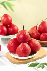 Fresh Red Pears with Water Droplets in White Bowls on Wooden Board - Healthy Organic Fruit Display