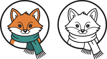 Color and outline fox faces with scarves
