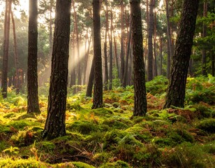 Obraz premium Sunlight streams through trees in a lush, green forest
