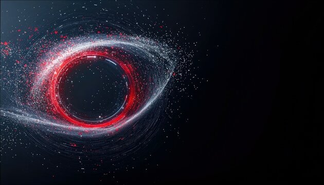 A central red ring surrounded by swirling white and grey particles, resembling an eye, set against a dark, star-filled background. The particles are scattered a