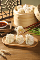Chinese Siu Mai Dumplings in Bamboo Steamer - Traditional Asian Dim Sum Cuisine