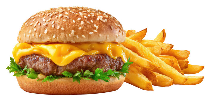 A close-up of a juicy cheeseburger with golden fries
