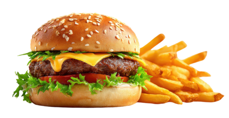 A juicy burger with cheese, lettuce, tomato, and fries