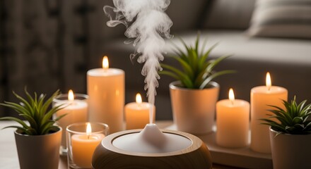 Essential oil diffuser with calming mist, surrounded by warm glowing candles and green plants, fostering a serene atmosphere for relaxation and home wellness