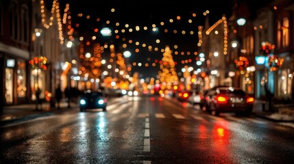 Urban street at night decorated with festive holiday lights and blurred traffic.