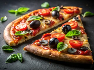 Delicious pizza slices with tomato and basil leaves