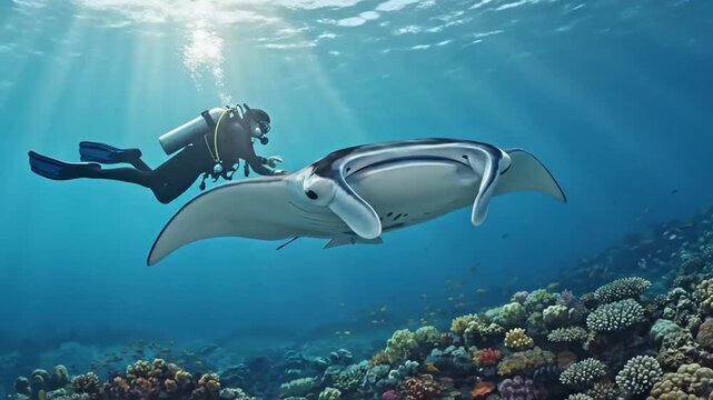 Diver encounters a majestic manta ray in a vibrant coral reef ecosystem exploration