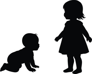 Baby and toddler silhouette, crawling and standing poses, black figure art, early childhood development, expressive gesture, posture contrast, motion study