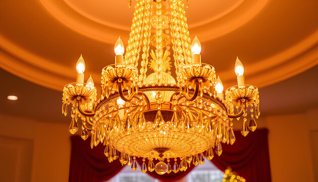 Elegant crystal chandelier decorated with glowing warm lights, festive holiday atmosphere, red and gold theme 2