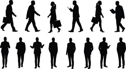 Business people silhouettes, men and women walking and standing, corporate attire with briefcases and phones, office worker shadow design, professional concept