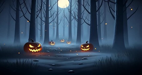 Spooky Halloween Night with Glowing Jack-o'-Lanterns in a Dark Forest Under a Full Moon