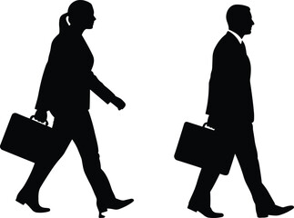 Business professional silhouettes, two people in suits walking with briefcases, corporate lifestyle shadow figures, office worker posture reference illustration