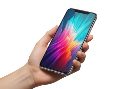 Hand holding modern smartphone with vibrant abstract screen display