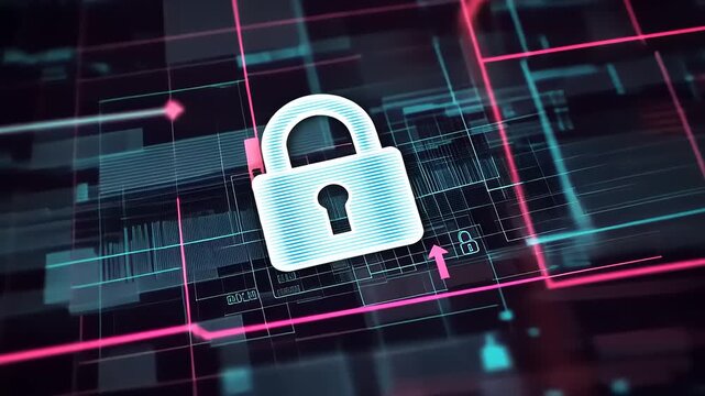 Digital lock symbolizing cybersecurity with abstract data patterns in the background, representing safety