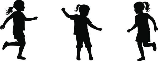 Children running silhouette, playful motion, black figure art, energetic pose, outdoor activity concept, childhood movement, expressive gesture, dynamic posture, joy theme