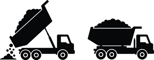Dump truck silhouette vector illustration, construction vehicle loading and unloading debris, heavy machinery transport icon, industrial work equipment, material handling graphic design element © MdShahin