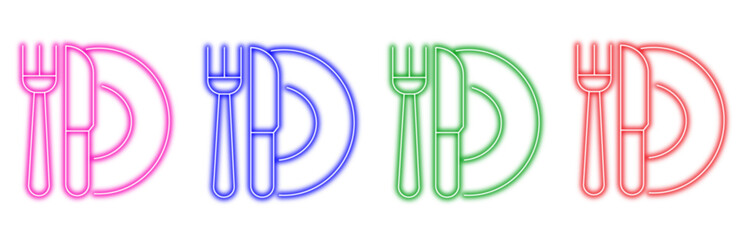 Set of colorful neon icons representing cutlery with a plate isolated on a white background, perfect for restaurant or dining themes