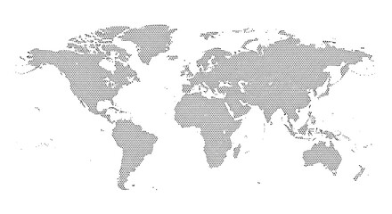 World map with continents and landmasses in a dot matrix style on white background.