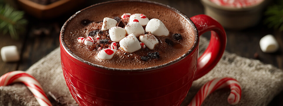 A red mug filled with hot chocolate topped with marshmallows and candy canes