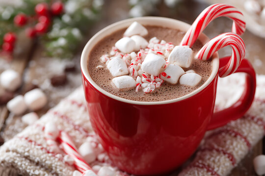 A red mug filled with hot chocolate, marshmallows, and candy canes on a cloth