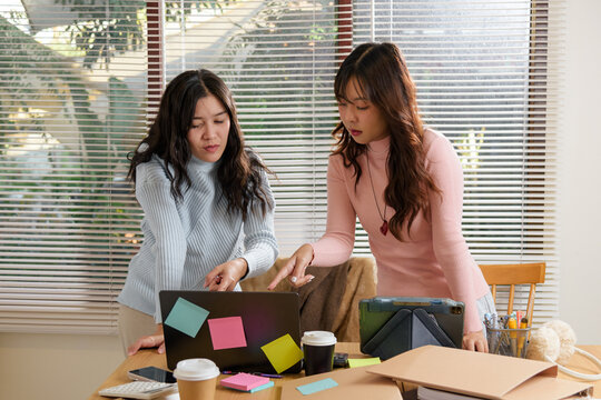 Young businesswomen busy, meet, people office, team work consult, financial business project discussion, collaborating effectively on laptop with sticky notes, bright modern workspace interior