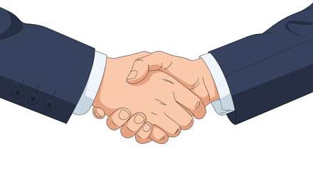 Two business people in suits are shaking hands in a cartoon-like manner symbolizing agreement and cooperation in a deal.