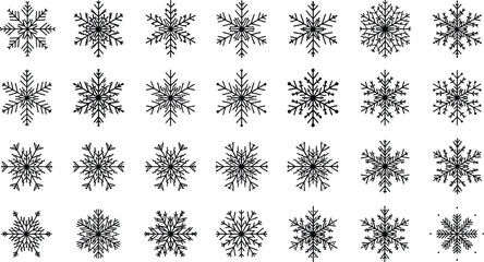 Set of linear snowflake icons, winter holiday decoration elements, black snow crystal symbols, cold season frost patterns, isolated flat vector illustration