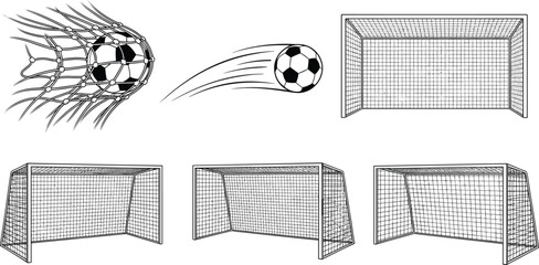 Set of soccer goal posts and balls, football flying into net, sports equipment sketch, black and white outline, flat vector illustration