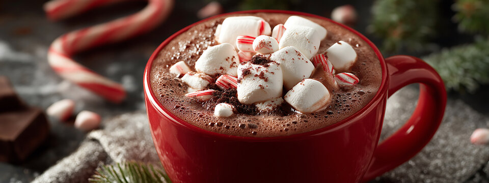 A red mug filled with hot chocolate and marshmallows with candy canes around - Powered by Adobe
