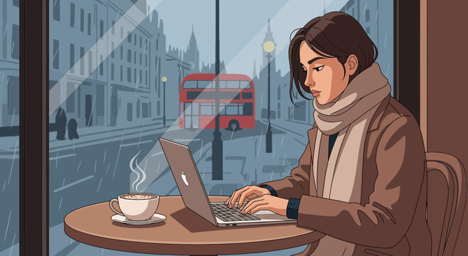 Cozy cafe in London: Woman working on laptop with a view of rainy city