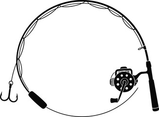 Fishing rod with reel, circular line design, treble hook and float, black silhouette vector illustration, outdoor equipment artwork, angling sport concept