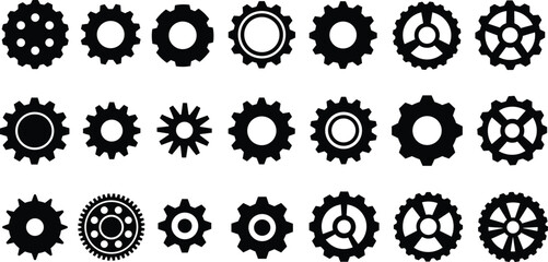 Gear icons collection, mechanical silhouettes, industrial cogwheels, engineering design elements, machinery symbols, automation tools, vector illustration set for technical graphics