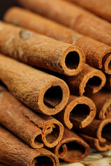 Natural Cinnamon Bark Sticks Spice Seasoning Rolls Close-up