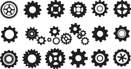 Gear icons set, mechanical silhouettes, industrial cogwheels, engineering design elements, machinery symbols, automation tools, vector illustration collection for technical graphics