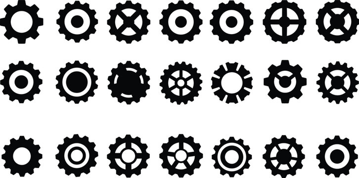 Gear icons collection, mechanical silhouettes, industrial cogwheels, engineering design elements, machinery symbols, vector illustration set, technical tools for UI and graphics