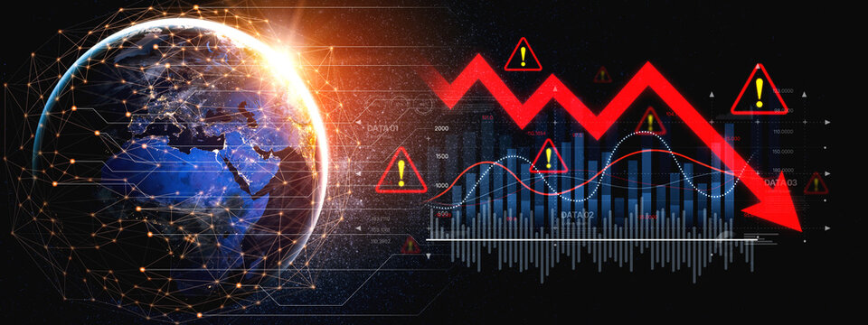 Economic caution visualized with fluctuating market graph, alert symbols, and negative data trends. Represents financial risk, market volatility, and economic uncertainty. Spline - Powered by Adobe