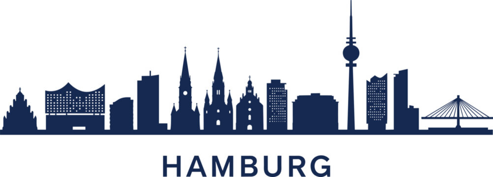 Hamburg skyline silhouette, German city landmarks, churches with spires, modern buildings, bridge structure, urban architecture, vector illustration of cultural identity