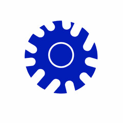 Illustration of a blue gear with rounded teeth and a white circle in the center on white background