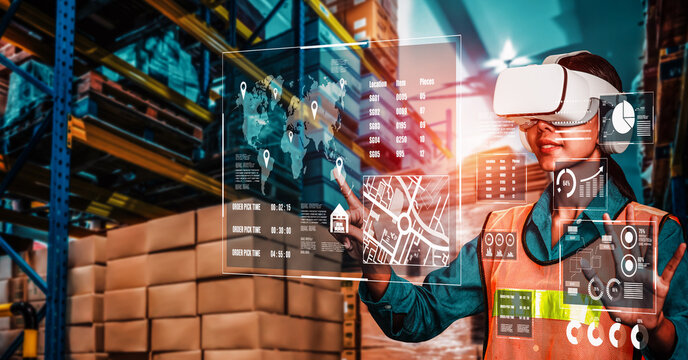 Future virtual reality technology for innovative VR warehouse management . Concept of smart technology for industrial revolution and automated logistic control .
