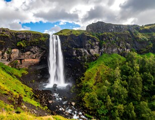 Fototapeta premium Tall waterfall cascading down rocky cliffs, vibrant green foliage and cloudy skies