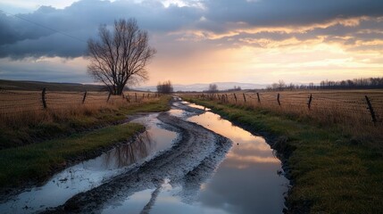 A winding, muddy country road with large puddles reflecting the sky, bordered by dry grass fields and a barbed wire fence. A solitary bare tree stands on the le