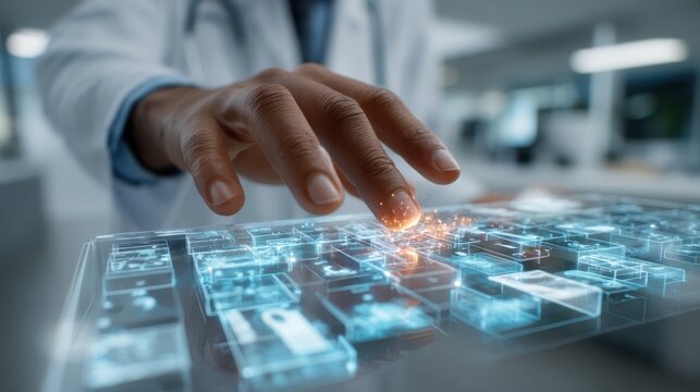 A hand interacts with a digital interface displaying a futuristic layout, symbolizing advanced technology and healthcare innovation.