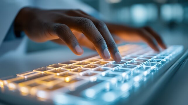 A close-up of a hand typing on a glowing keyboard, highlighting technology and digital communication in a modern workspace.