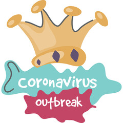 Stylized golden crown with text coronavirus outbreak in red and blue shapes on white background illustration