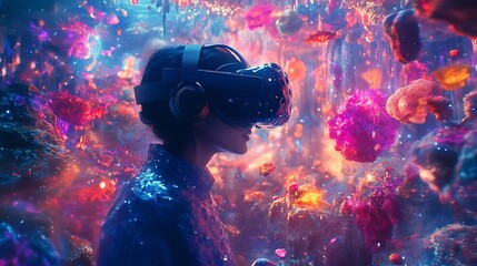 person in a VR headset is deeply immersed in a vibrant, glowing virtual reality world, symbolizing future technology and immersive experiences