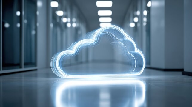 A glowing cloud symbol is depicted in a sleek, modern corridor, representing digital technology and cloud computing.