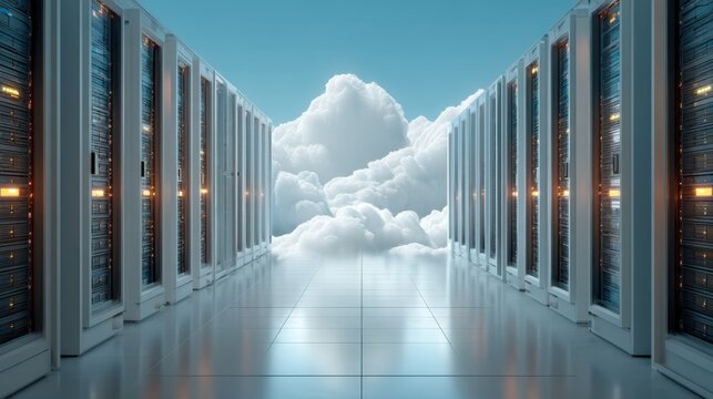 A futuristic server room leads to clouds, symbolizing the intersection of technology and the cloud computing realm.