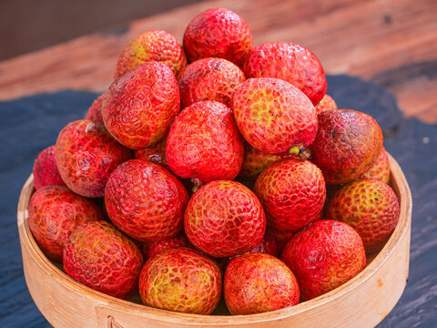 Fresh Lychee Fruits in Wooden Bowl - Tropical Asian Fruit from Maoming Lingshan China