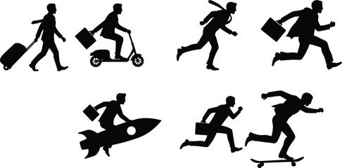 Silhouette businessperson with briefcase walking, riding scooter, sprinting, skateboarding, and flying on rocket, symbolizing commuting, speed, innovation, and professional career growth