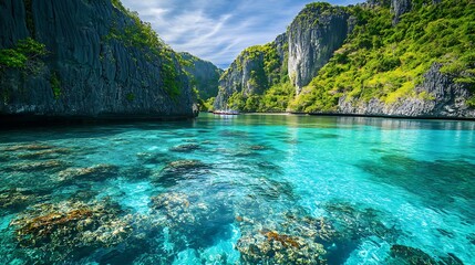 Breathtaking view of a pristine tropical lagoon with crystal clear water and vibrant coral, surrounded by dramatic limestone karsts. Ideal for travel and nature